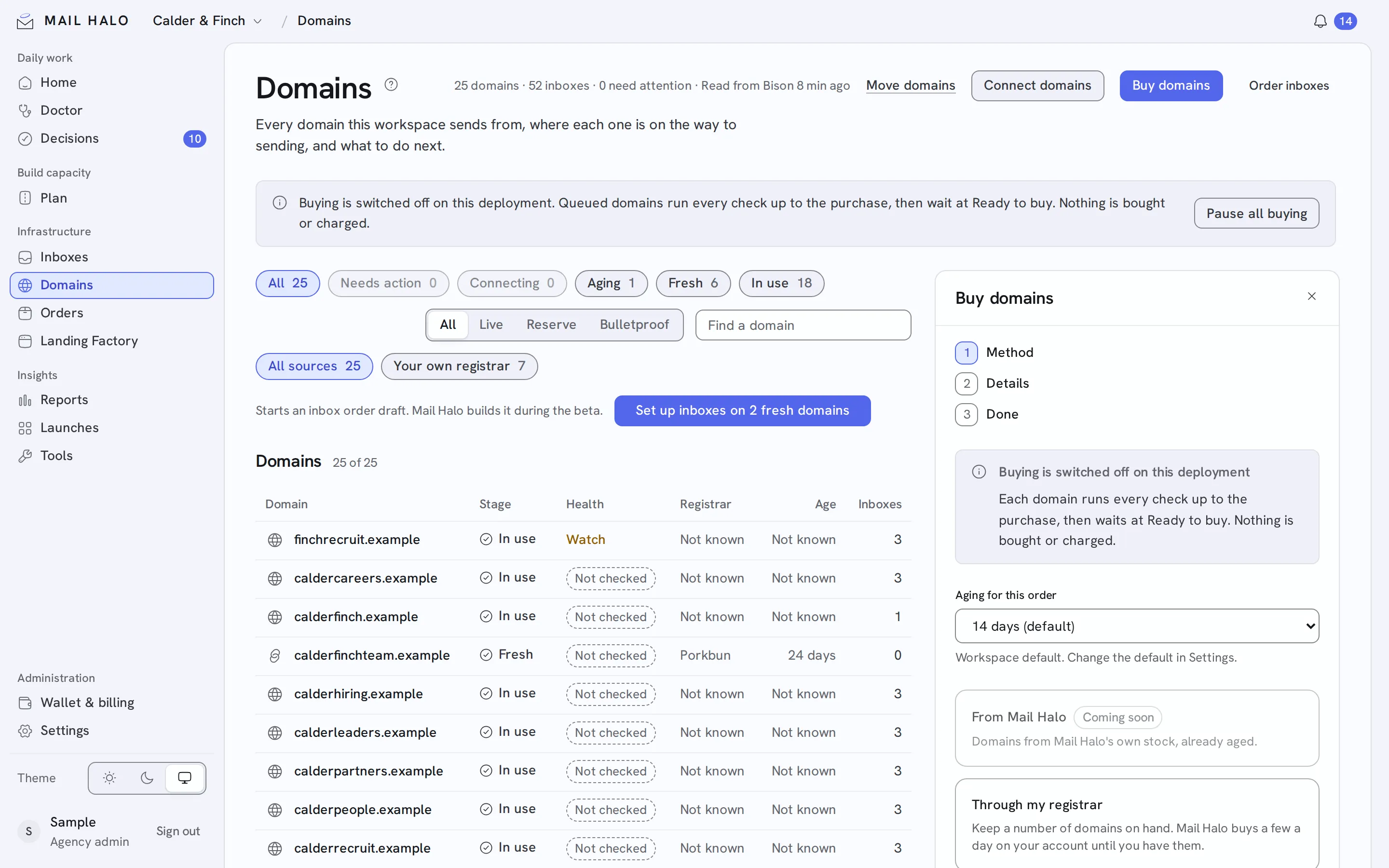 Buy domains in the Mail Halo app, with sample data