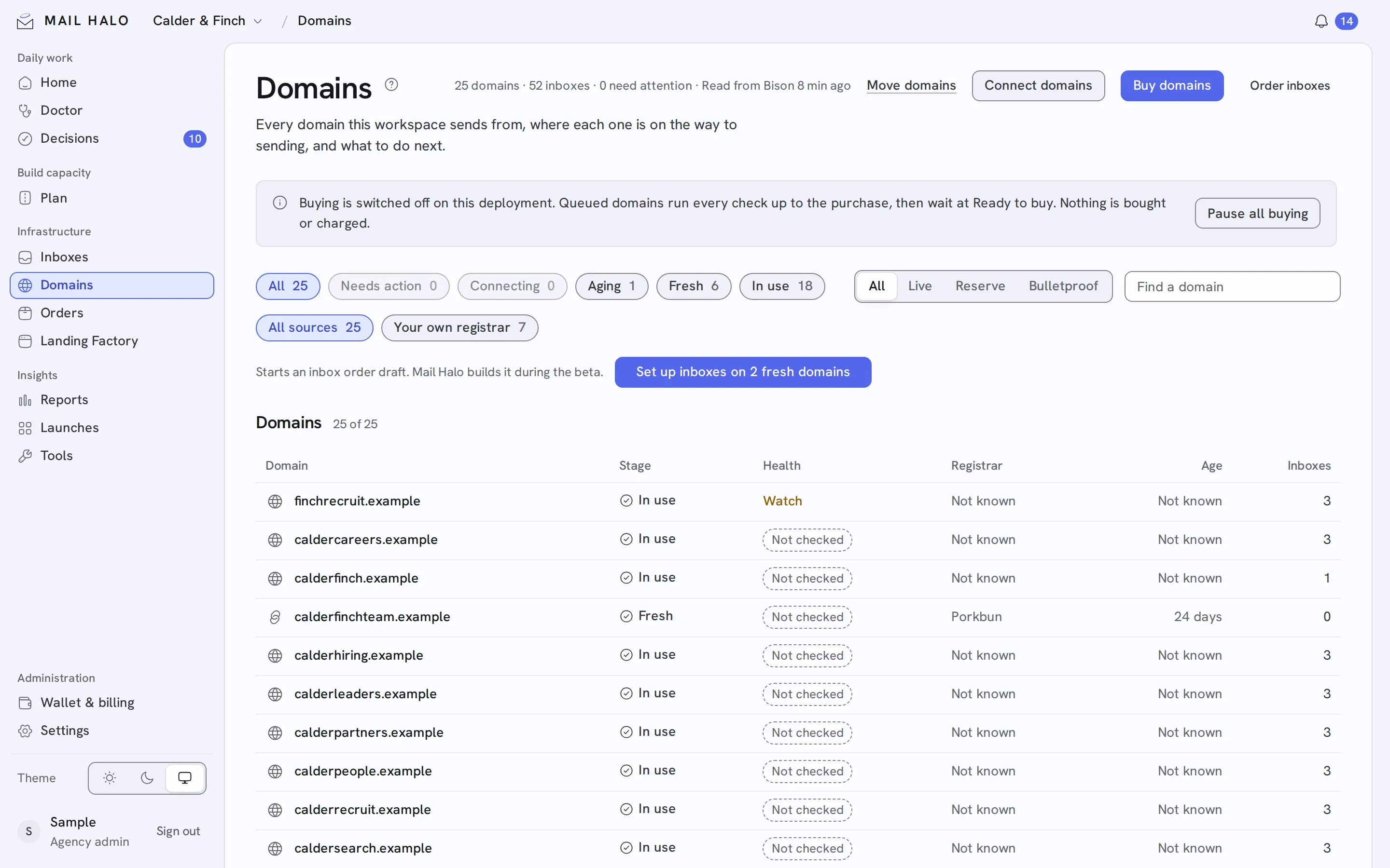 Domain pipeline in the Mail Halo app, with sample data