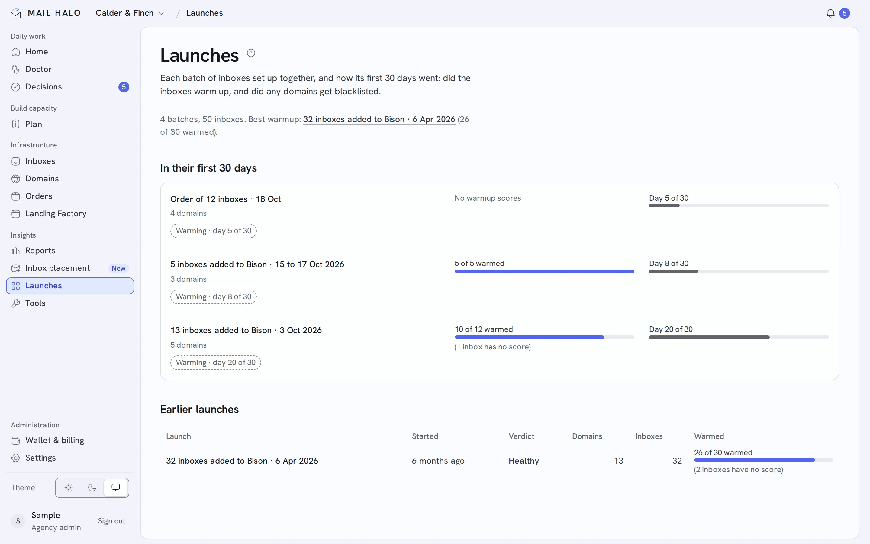 Launches in the Mail Halo app, with sample data