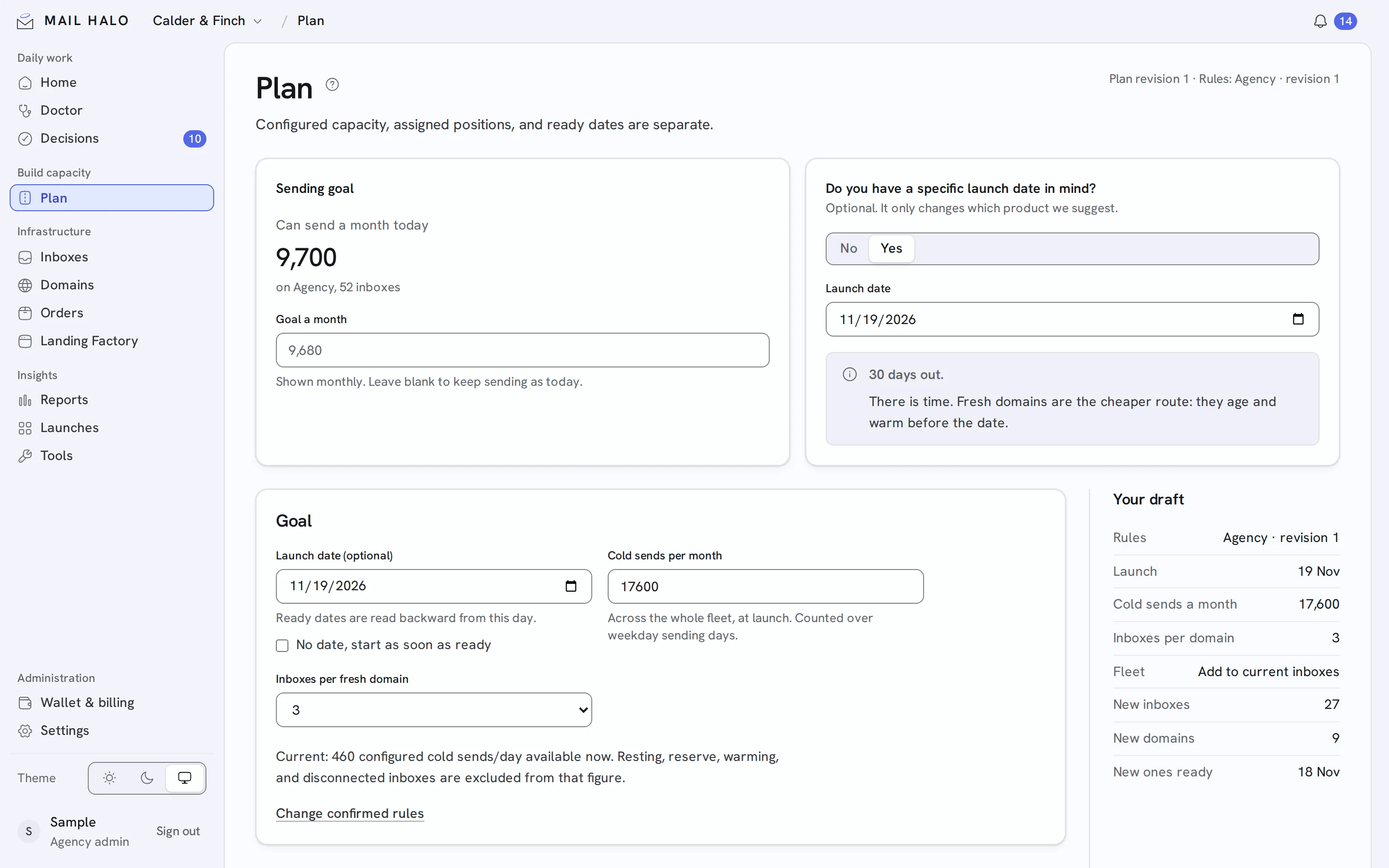 Plan in the Mail Halo app, with sample data